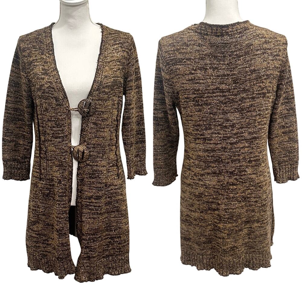 VTG Y2K Multiples Brown‎ Tan Marled Longline Boho Cardigan Fairy Witchy Sz Small
